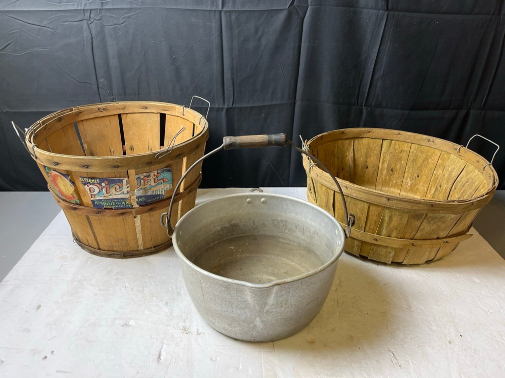 Two Wooden Baskets and Metal Pail Lot