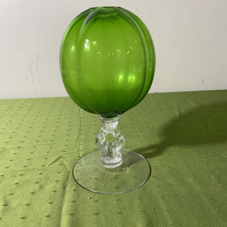Hand-Blown Green Glass Goblet with Clear Stem
