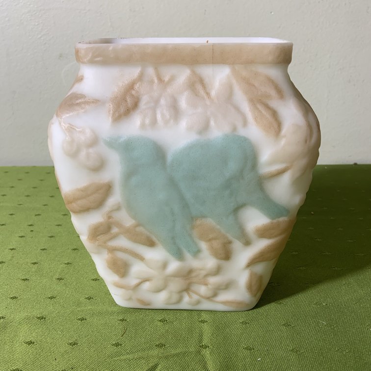 Pressed Milk Glass Vase With Birds Relief consolidated lamp, and glass or Phoenix glass