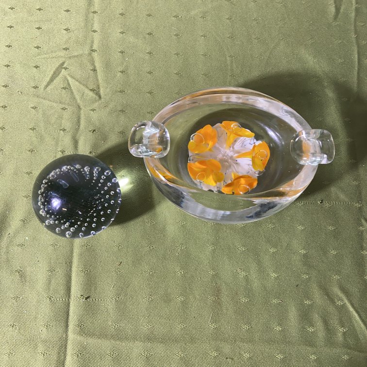 Glass paperweight ashtray With Floral Motif and Bubble Paperweight