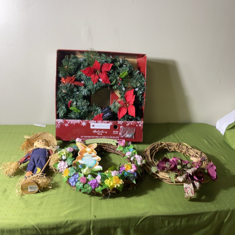 3 Decorative Wreaths and Scarecrow Doll