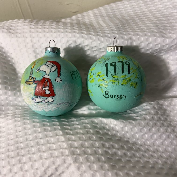 Pair 1979 Hand-Painted Christmas Ornaments