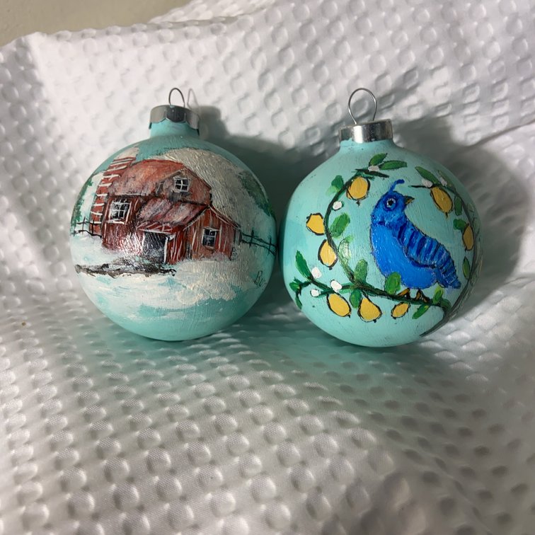 Buyson Pair Hand-Painted Glass Ornaments, 1980