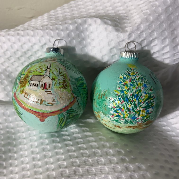Pair 1980 Hand-Painted Christmas Ornaments by Buyson