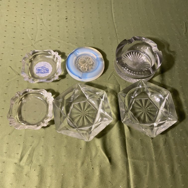 6 Glass Ashtrays, Assorted Cuts/Colors