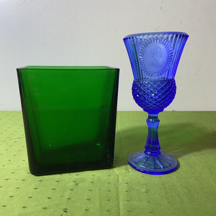 NAPCO Green Glass Vase & Blue Pressed Goblet