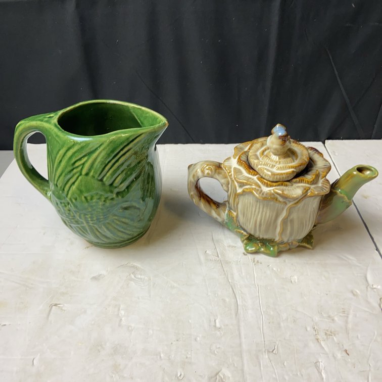 Green Leaf Motif Pitcher & Ornate Teapot Pair