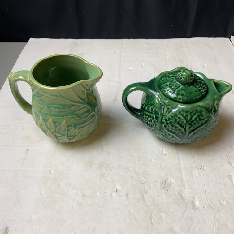 Green Ceramic Pitcher and Lidded Sugar Dish