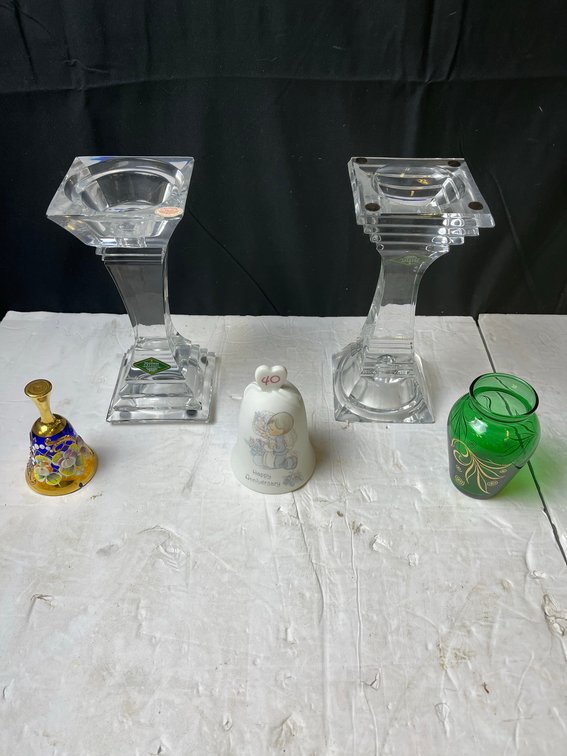 Crystal Candlesticks, Decor Bell, Green Vase Group