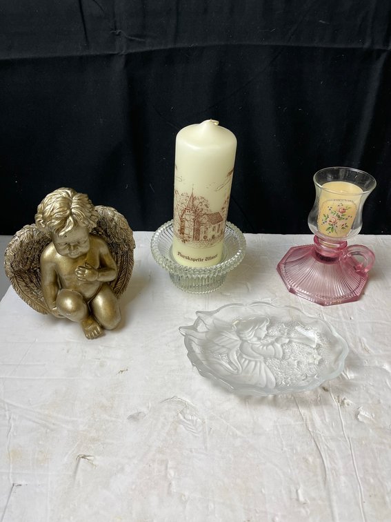 Decorative Candle, Cherub, Glass Dish, Candleholder