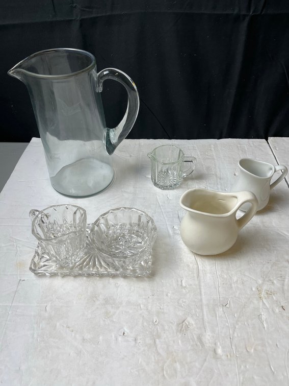 Glass Pitcher With McCoy Creamer And Serveware