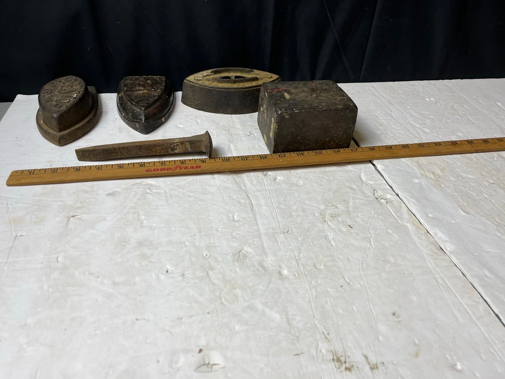 Antique Sad Irons, Railroad Spike, Metal Block