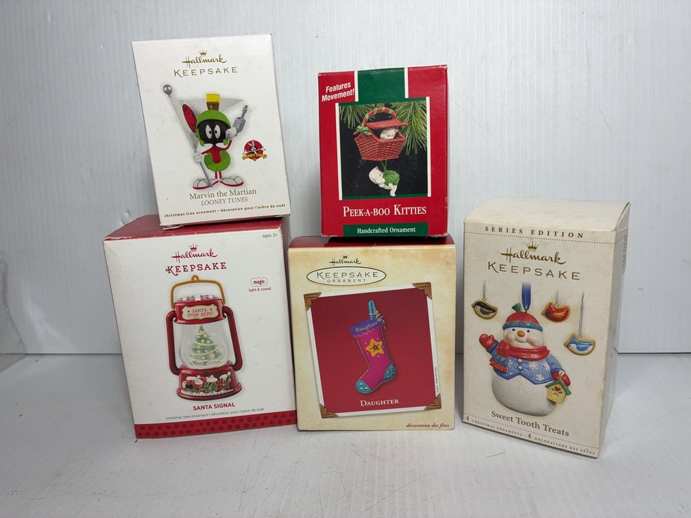 Hallmark Ornament Lot 5 Boxes Santa, Marvin, Kitten