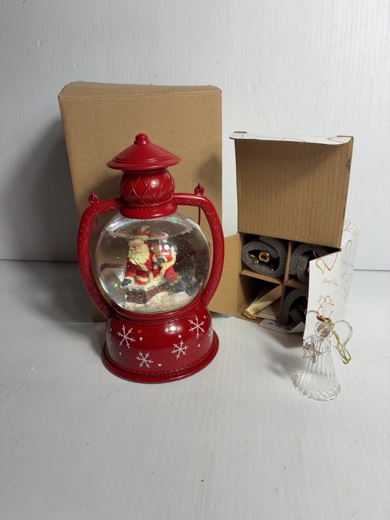 Santa Lantern Snow Globe With Glass Angels