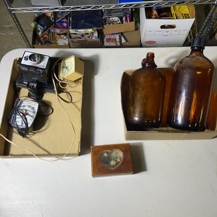 Camera, Electric Clocks, Bottles, Trinket Box Lot