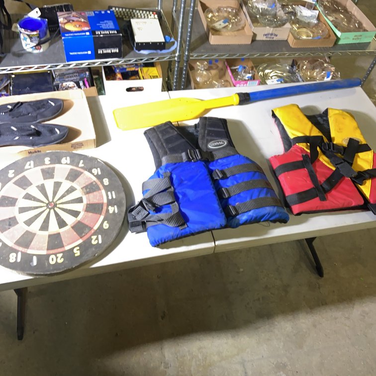 Life Jackets, Paddle, Dartboard, Water Shoes Lot