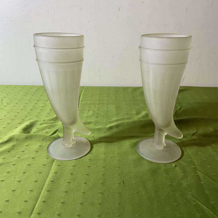 Pair Frosted Glass Horn-Shaped Goblets