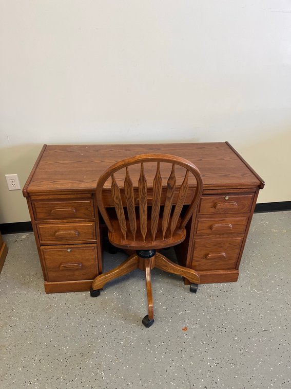 Oak Desk With Rolling Chair and Storage