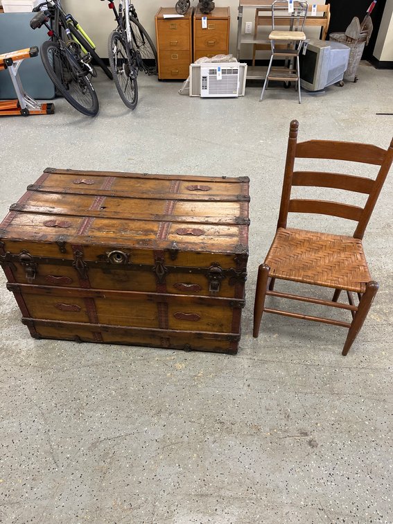 Wooden Steamer Trunk and Ladder-Back Chair