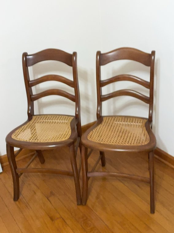 Pair Wooden Ladderback Chairs With Cane Seats
