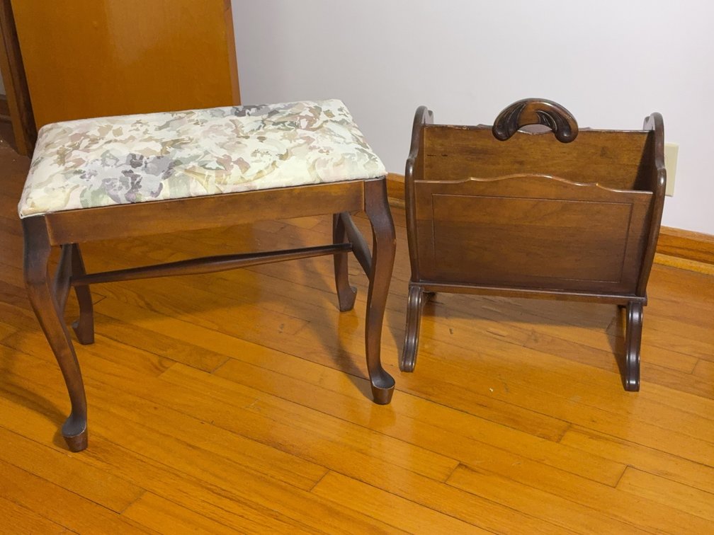 Wood Magazine Rack and Upholstered Bench Set