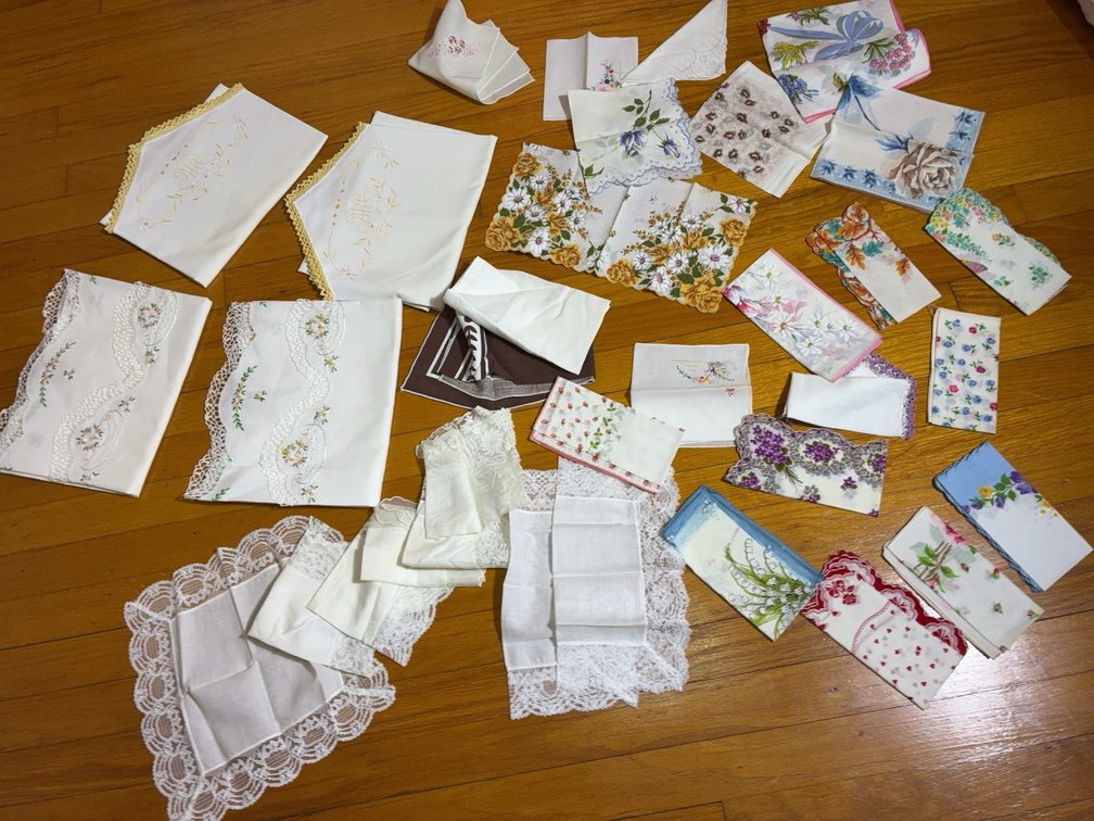 Lace Pillowcases and Floral Hankies Lot
