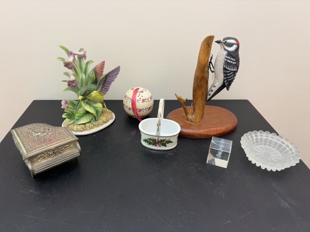 Decor Lot: Figurines, Music Box, Crystal Cube