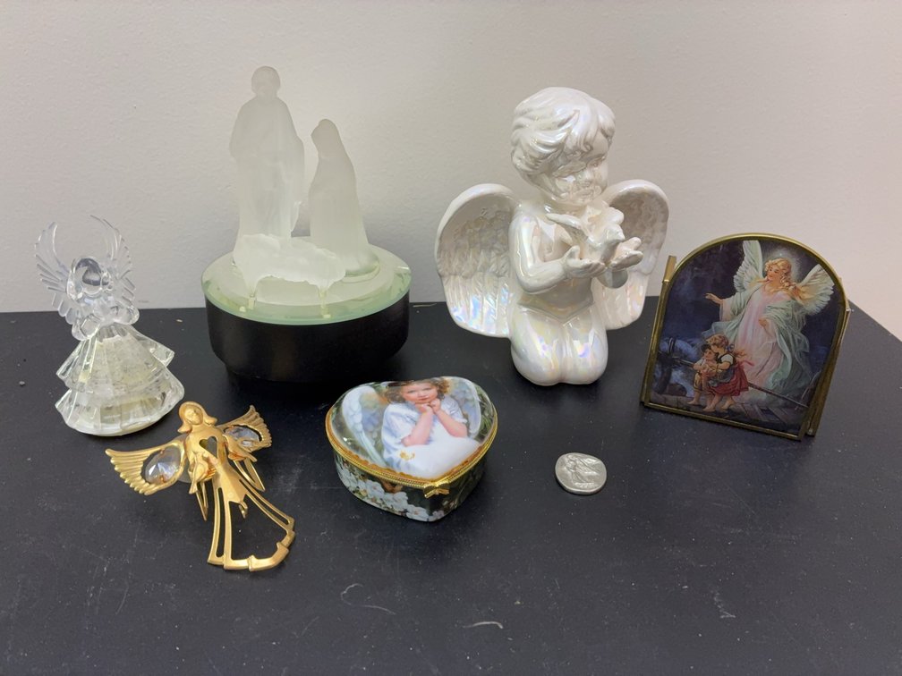 Angel Figurines, Heart Box, and Plaques Lot