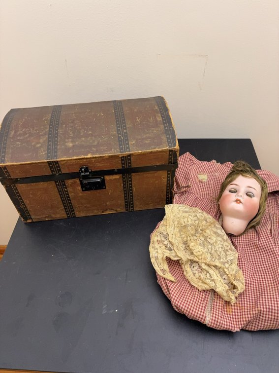 Wooden Trunk With Bisque Doll Head and Dress