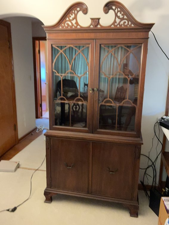 Mahogany China Cabinet With Carved Pediment Top