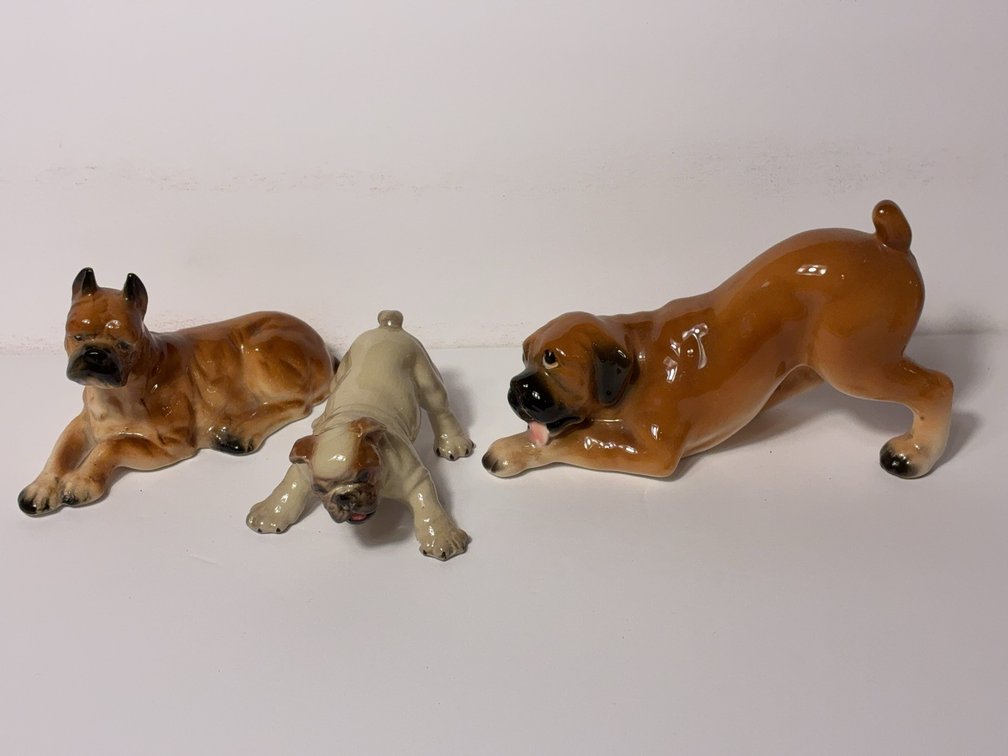 3 Japan Ceramic Boxer Dog Figurines
