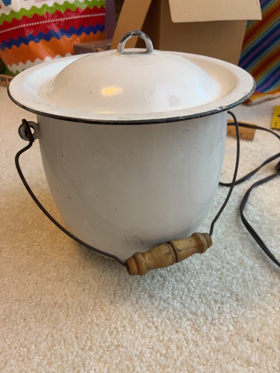 White Enamel Bucket With Lid and Wooden Handle