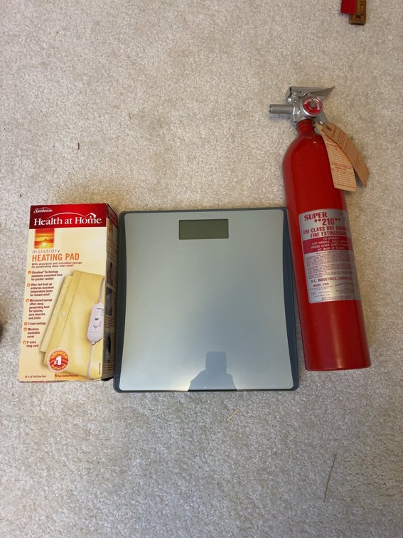 Heating Pad, Bathroom Scale, Fire Extinguisher