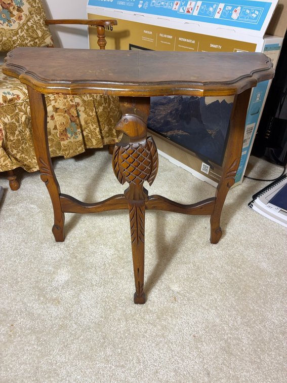 Wood Side Table With Carved Bird Motif
