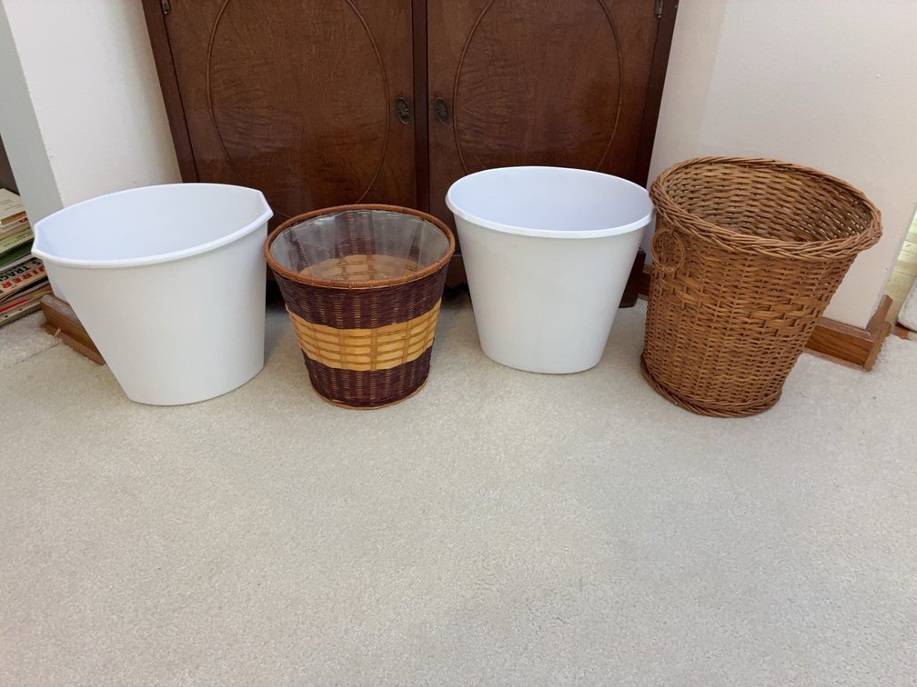 Four Assorted Wastebaskets Plastic and Wicker