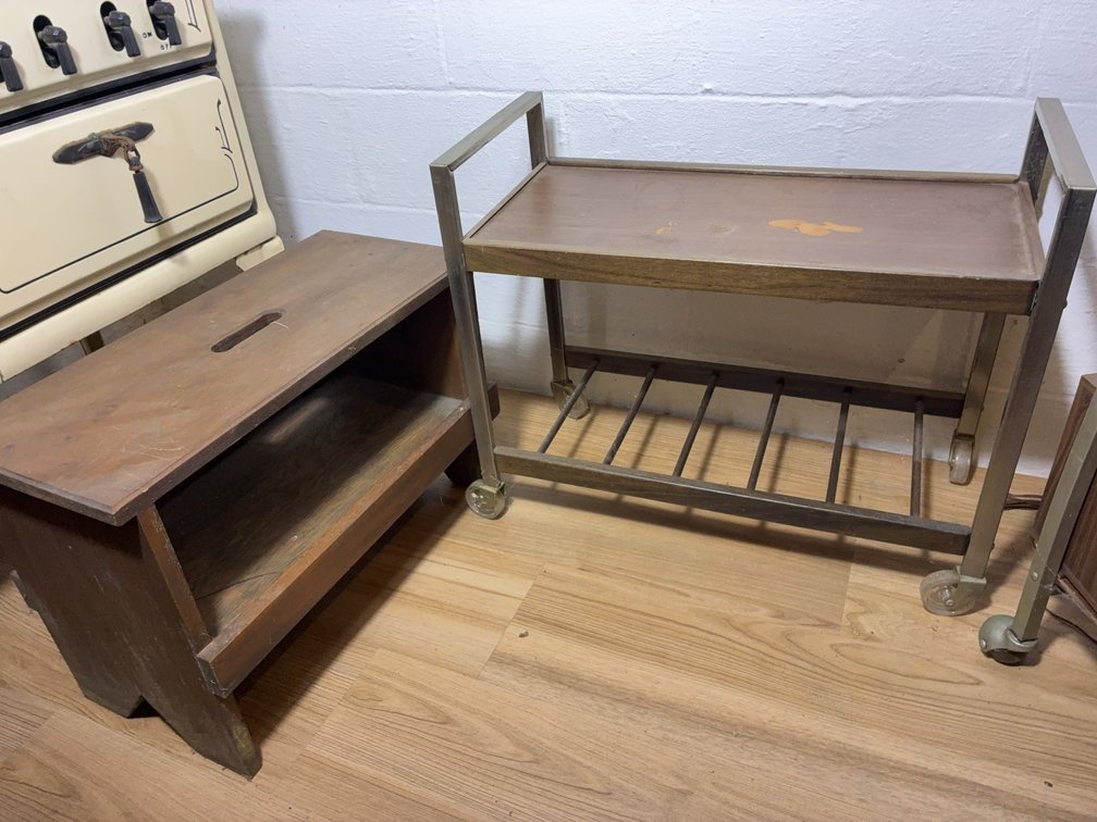 Wood Step Stool and Metal Rolling Cart Lot