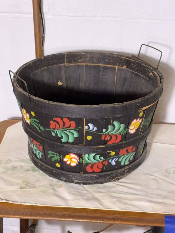 Hand-Painted Wood Basket With Handles