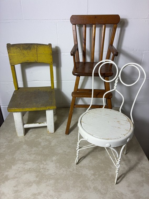3 Assorted Doll Chairs, Wood & Metal