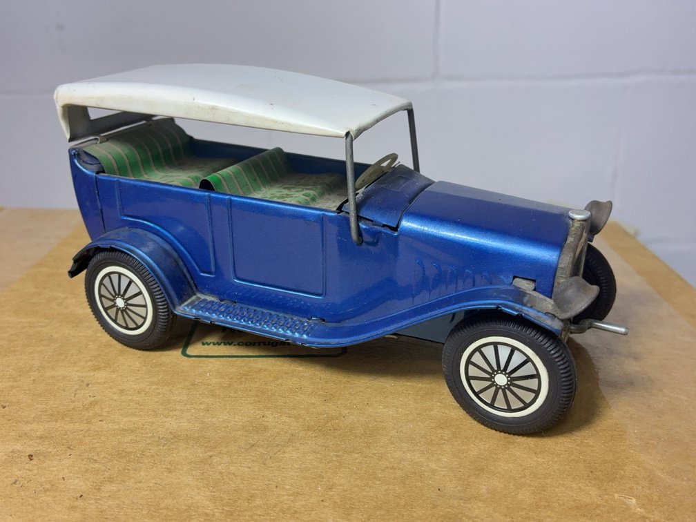 Blue Tinplate Wind-Up Toy Car with White Roof