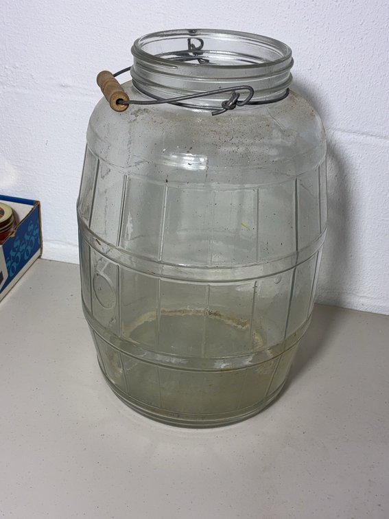 Large Barrel-Shaped Glass Jar With Wire Handle