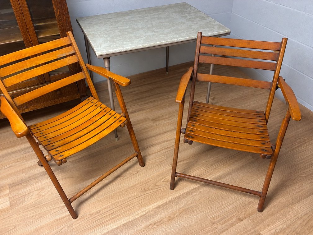 Pair Wooden Slat Folding Arm Chairs