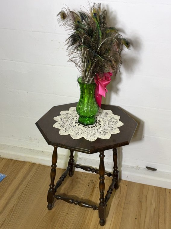 Wood Octagonal Side Table With Green Glass Vase