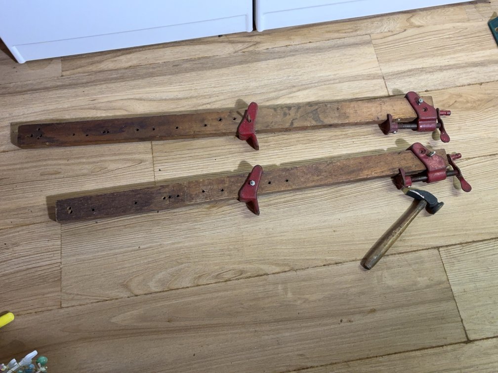 Pair Red Cast Iron Wood Bar Clamps & Hammer