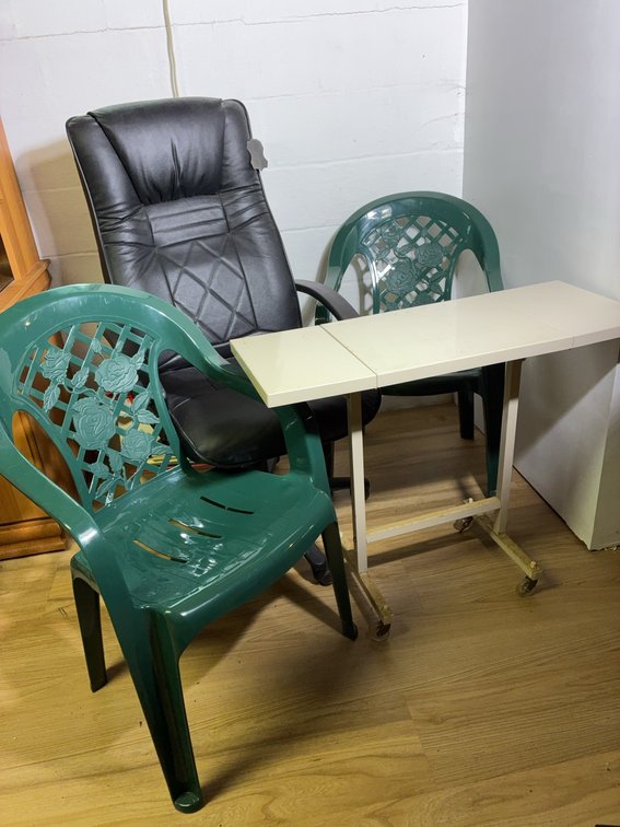 Office Chair, 2 Plastic Chairs, Folding Table