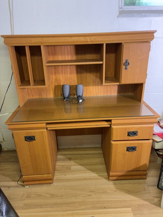 Wood Computer Desk With Hutch and Glass Top