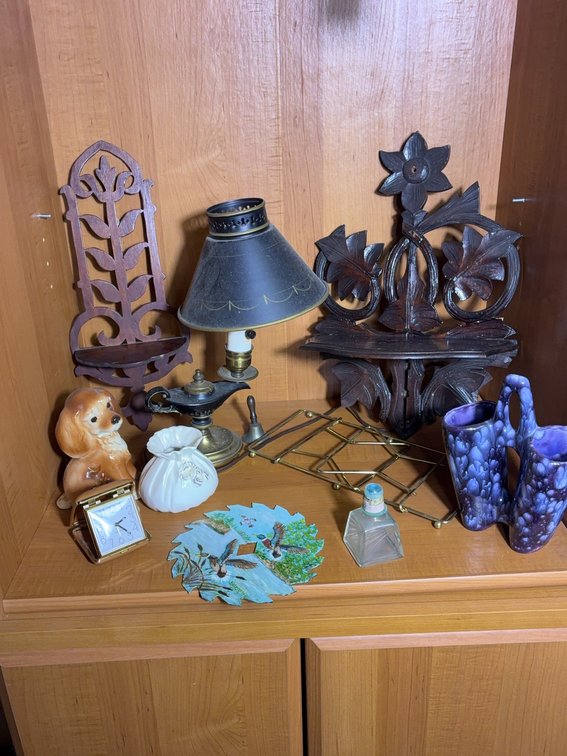 Decor Lot: Shelves, Lamp, Dog, Clock