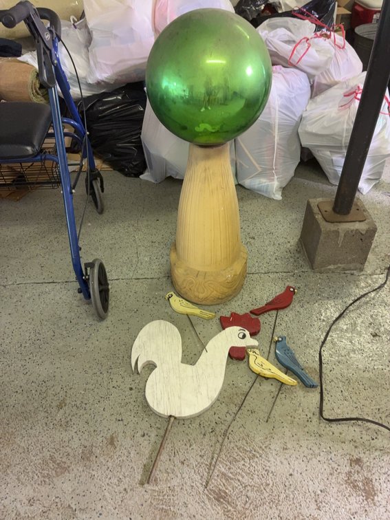 Green Gazing Ball With Wood Pedestal And Bird Stakes