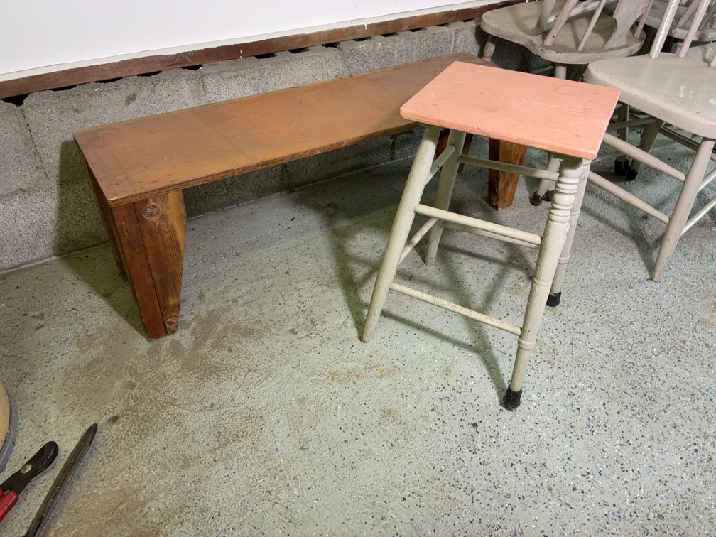 Wooden Bench and Painted Stool Pair