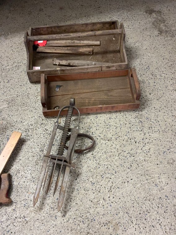 Wooden Trays and Metal Farm Tool Assortment