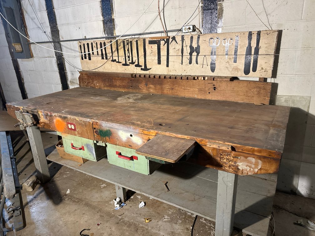 Large Wood Workbench with Vise, Drawers, 101in Wide